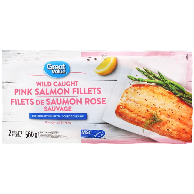 Great Value Wild Caught Pink Salmon Fillets package containing two 560 g vacuum-sealed, skin-on fillets, MSC certified for sustainable sourcing, shown with a cooked salmon fillet garnished with dill, asparagus, and a lemon wedge on a white plate.