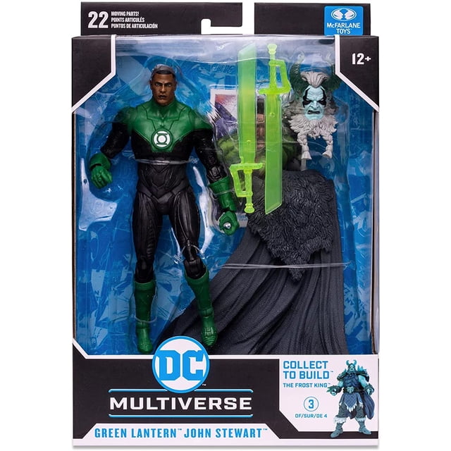 DC BUILD A FIG Green Lantern John Stewart Figurine Articulée de 7 Pouces de la Série DC Multiverse Endless Winter BAF Frost King par McFarlane Toys, Comprenant 22 points d'Articulation, Combinaison Noire et Verte avec Emblème Green Lantern, Deux Épées Énergie Vertes Translucides, et une cape Texturée Noire avec Accessoire Tête de Roi Frost, Convient aux 12 Ans et Plus.