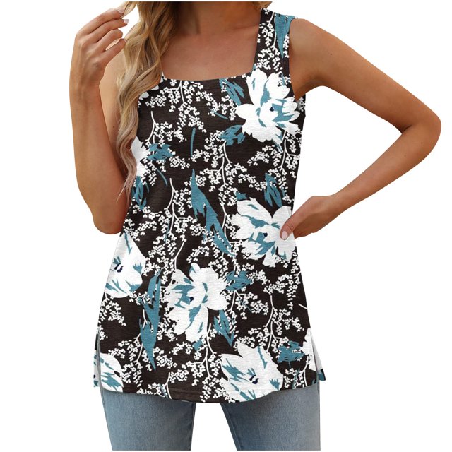 Birdeem T-Shirt Mode Femme Imprimé Col Carré Confortable Ample Sans Manches Blouse Décontractée