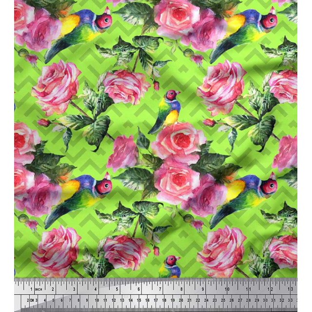 Soimoi Poly Georgette Fabric Bird,Leaves & Rose Floral Print Fabric by the Yard 42 Inch Wide