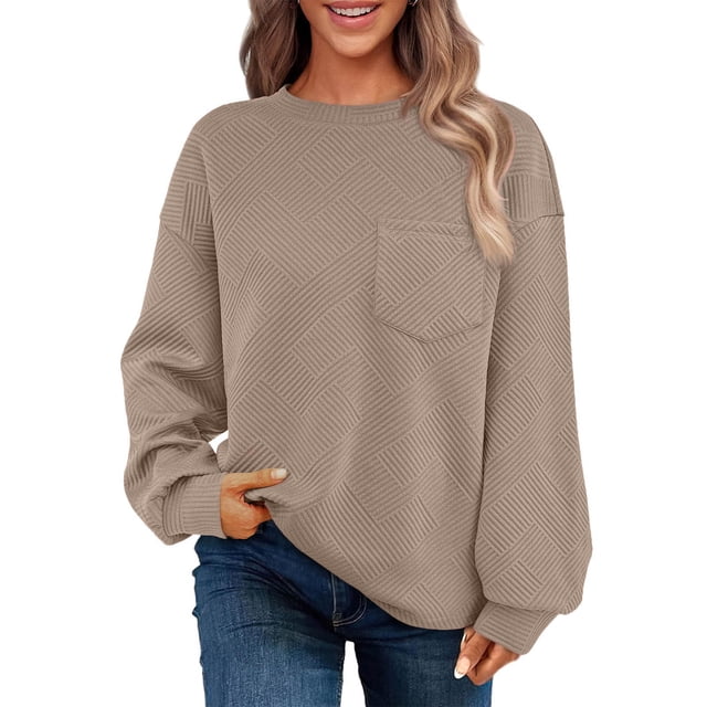 Chandail en Molleton Ultra Doux Texturé pour Femmes Col Rond Manches Longues Tuniques Blouses avec Poches Confort Décontracté Athlétique Chandail Blouses Tenues Automne Hiver