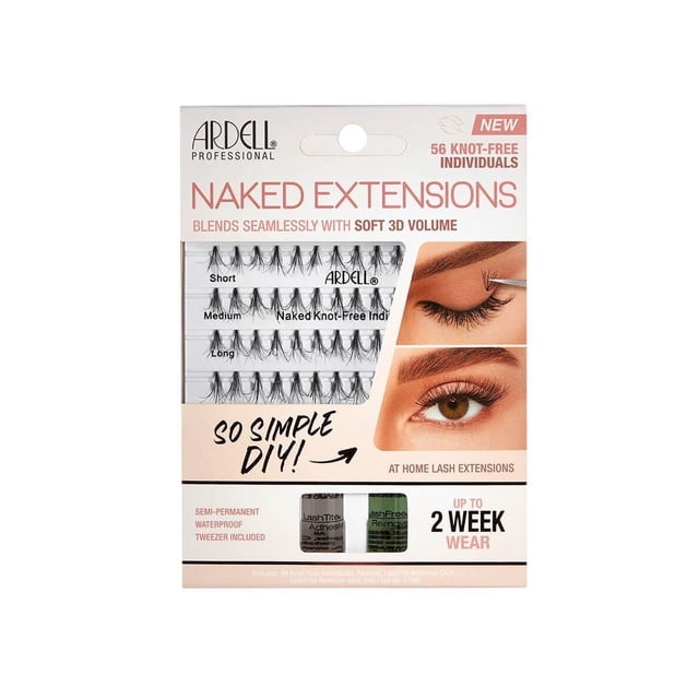 Ardell Naked Trousse d'Extension avec 56 Extensions de Cils Individuelles Sans Nœud en Longueurs Courtes, Moyennes et Longues, Semi-Permanentes et Imperméables, Comprend un Adhésif pour Cils, un Dissolvant et des Pinces, Présentées en Emballage Blanc avec l'Application et des images d'Yeux Finies, Offre jusqu'à 2 Semaines de Port pour des Extensions de Cils à Domicile.