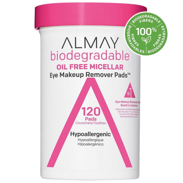 Almay Contenant de Tampons Démaquillants pour les Yeux Biodégradables avec Couvercle Rose, Contenant 120 Tampons Micellaires Sans Huile Faits de Fibres 100 % Biodégradables, Hypoallergéniques et Convenant aux Yeux Sensibles et aux Porteurs de Lentilles de contact, Démaquillant pour les Yeux en Douceur Sans Résidu Gras.