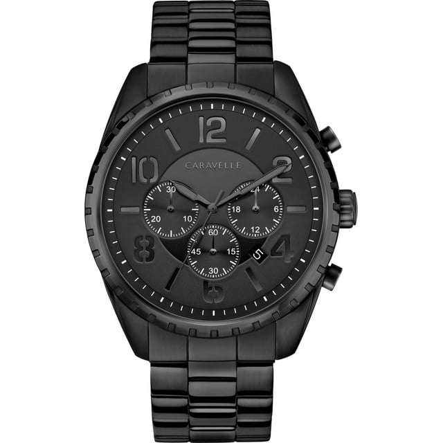 Caravelle Mens Black Quartz Watch with black ion-plated stainless steel case and bracelet, multi-layer black dial with luminous hands, chronograph subdials, calendar date window at 4 o'clock, and double-press fold-over clasp, suitable for everyday wear.