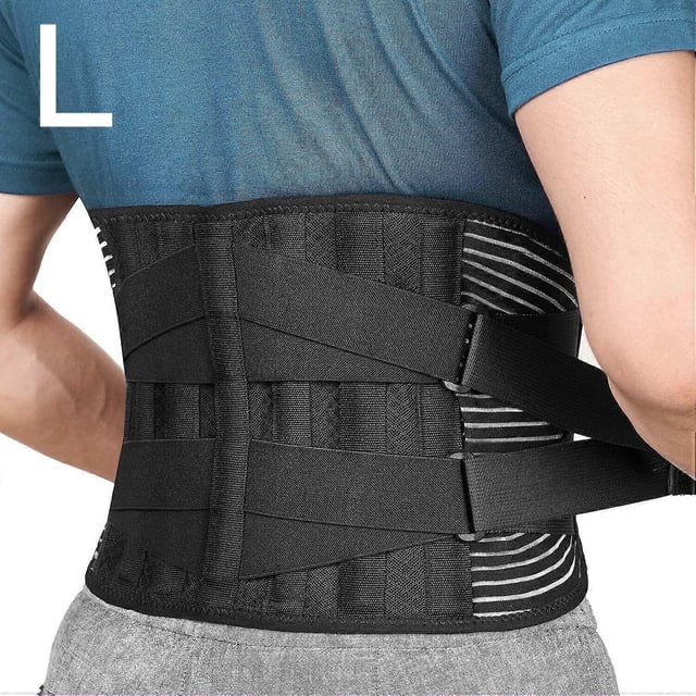 Double Pull Lumbar Lower Back Support Belt Brace made of neoprene, shown worn by a person. The black belt features 4 memory-aluminum stays and 2 steel springs for 360° vertical support, along with 2 elastic straps for added compression. Designed to relieve lower back pain, prevent injuries, and provide comfort with its 4-way stretch elastic material and velvet inner layer. Includes silicone anti-skid bands to prevent rolling during movement.