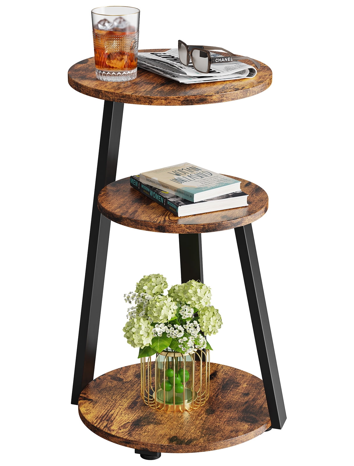 Biemlerfn End Side Table, Round Sofa Table with Metal Frame, 3