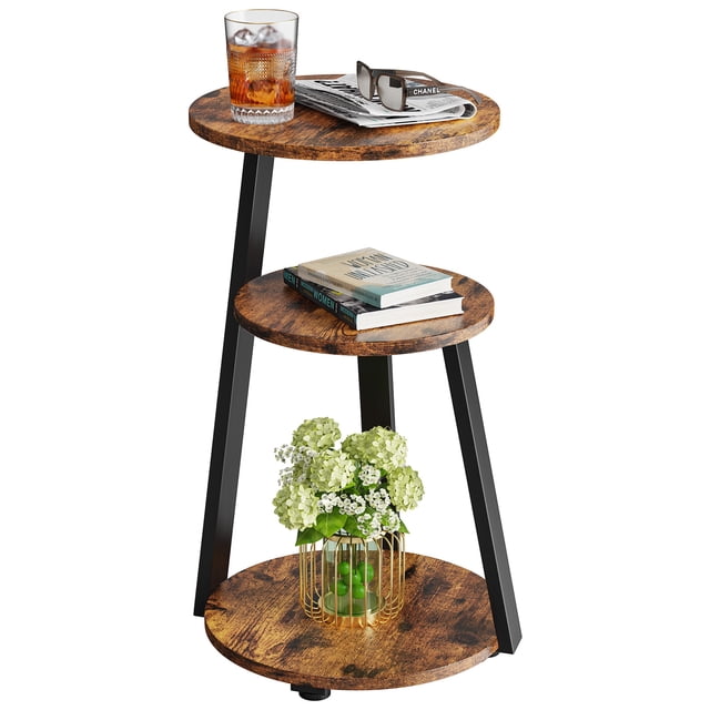 Biemlerfn Table d'Appoint, Table Basse Ronde avec Structure en Métal, Table de Chevet à 3 Niveaux pour la Maison, Noir et Brun