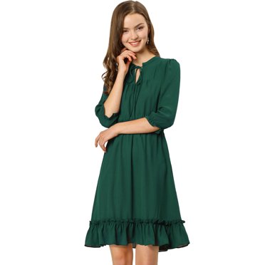INSPIRE CHIC Robe A-Line en Mousseline Smockée pour Femme à Ourlet Volanté Superposé, Manches 3/4, G Vert Foncé