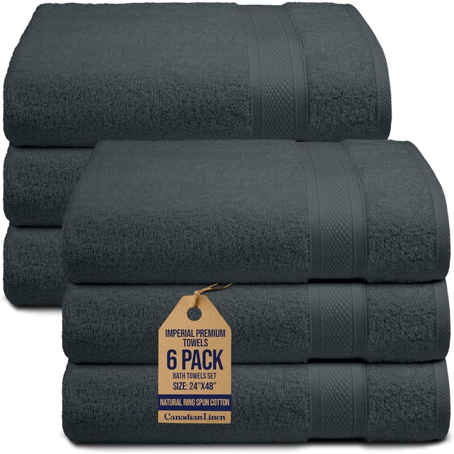 Canadian Linen Imperial Medium Bath Towels Set, 24”x48” 6 Pack Lightweight Quick Dry Soft Absorbent Cotton Towel for Home, Hospitality, Gym, Dark Grey