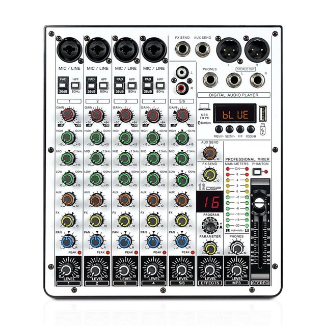 6-Channel Audio Mixer, DJ Mixer With USB Audio Interface, Function, 16 DSP Effects, And 3-Band EQ ,Easy to Operate