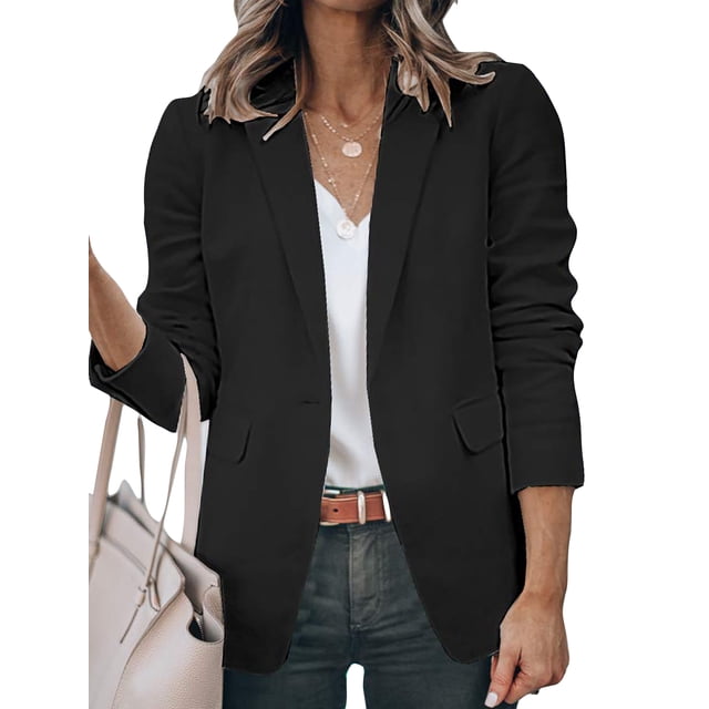 Innerwin Blazers Solid Color Women Cardigan Jacket Work Shawl Neck Slim Fit Business Jackets Black S