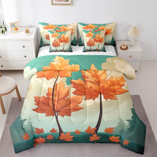 Maple Tree Leaf Bedding Sets 7-Piece For Kids Boys Girls Fall Theme Comforter Set Full,Green Jungle Bedding Comforter Sets Plant Botanical Bed in a Bag Blue Sky White Cloud Bedding Accessories