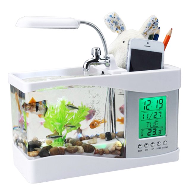 Mini USB LCD Desktop Lamp Fish Tank Aquarium, Multifunctional Ecological Lamp Desktop Fish Tank with LED Clock LED Light Pen Holder for Office, Home for Office Bedroom