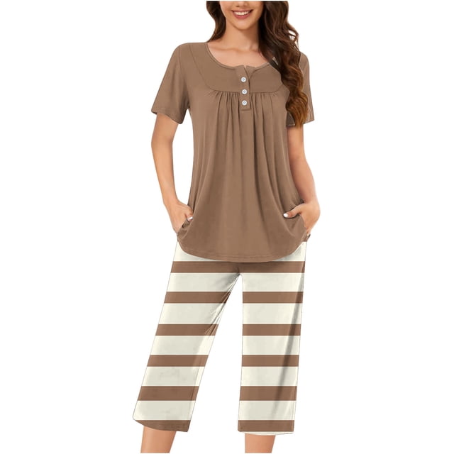 Timegard Ensembles de Pyjamas pour Femmes 2 Pcs Détente Col Rond Manches Courtes Haut Pantalon Capri à Rayures avec Poches Tenues