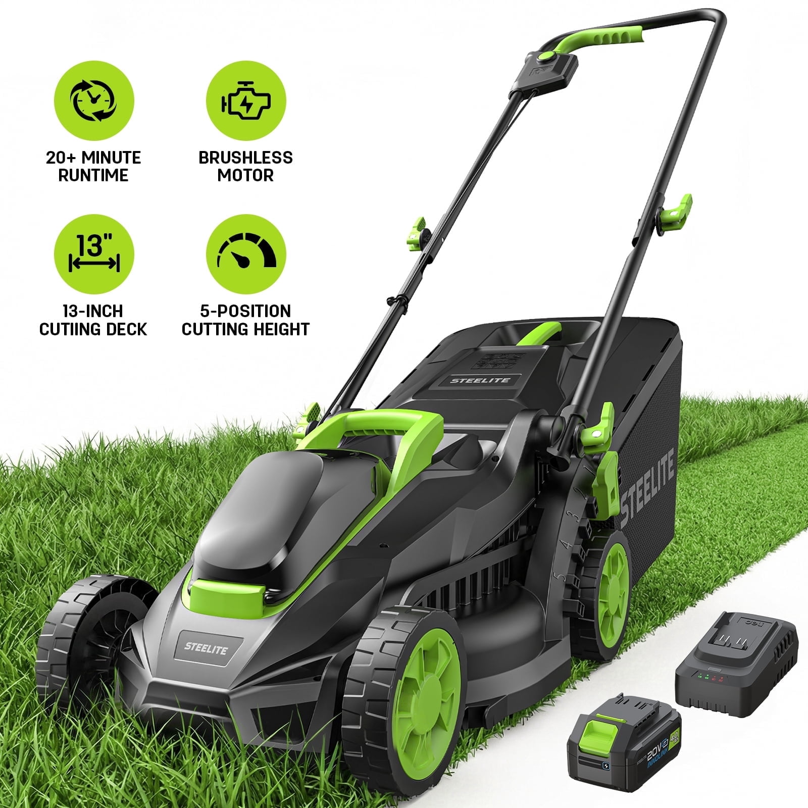 Tondeuse à Gazon Sans Fil Steelite 13 po, Tondeuses Électriques 21V avec Moteur Sans Balai pour Jardin, 5 Hauteurs de Coupe, Batterie 4,0Ah et Chargeur Inclus