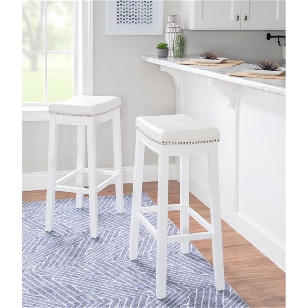 Linon Claridge Backless Bar Stool White Faux Leather Seat Wood Frame in White