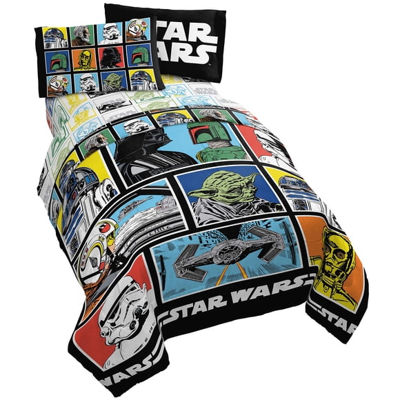 Star Wars Classic Grid 4 Piece Twin Bed Set - Includes Reversible Comforter & Sheet Set - Bedding Features Luke Skywalker - Super Soft Fade Resistant Microfiber (Official Star Wars Product)