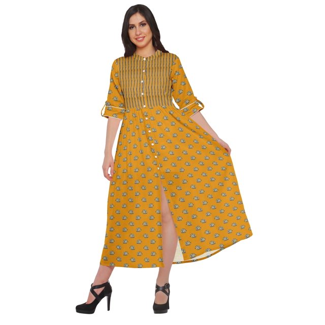 Moomaya Printed Front Slit A-Line Kurtis For Women Short Sleeve Summer Kurta