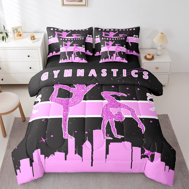 YST Girly Gymnastics 7pcs Comforter Set Black Pink Bed in a Bag, Full
