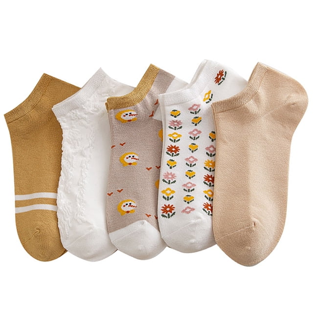 Ankle Socks Simple Printed - 5 Pairs Soft Cotton Socks Short Socks for Women