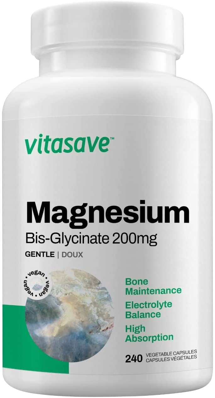 Vitasave Pure Magnesium Bis-Glycinate 200mg | 240 Capsules - Highest Potency - Superior Absorption - Maintain Healthy Bones and Teeth - Promote Relaxation & Sleep - Magnesium Glycinate Supplement