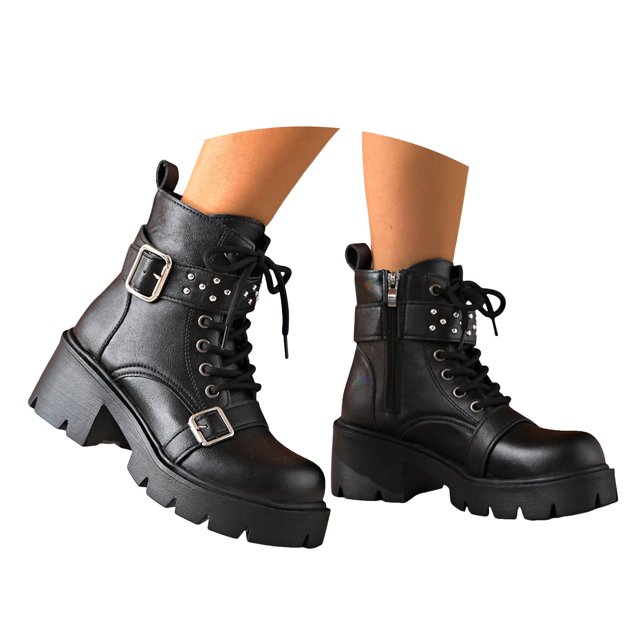 Mepaouo Women's Combat Ankle Boots Lace up Platform Dress Booties Buckle Rivets Punk Goth Shoes with Zipper