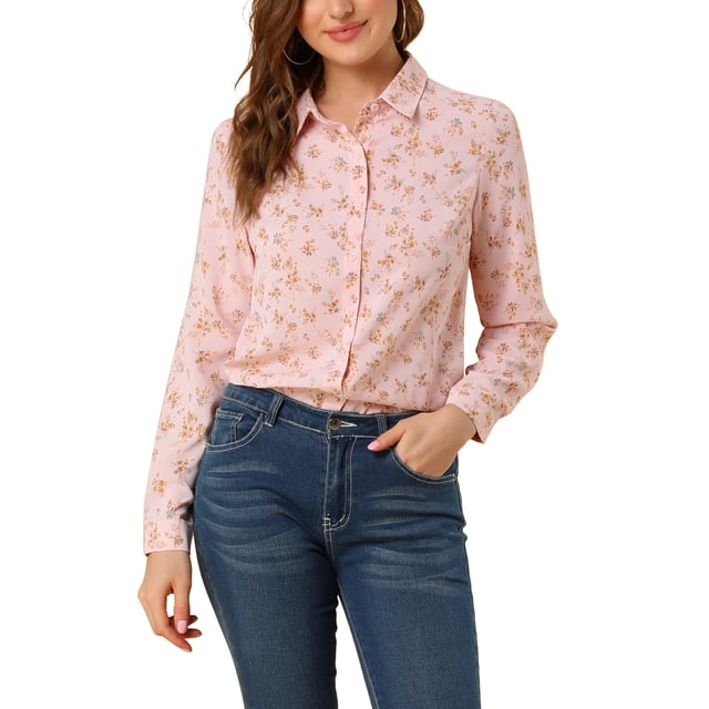 INSPIRE CHIC Chemise Boutonnée pour Femme à Petites Fleurs à Manches Longues Col en Pointe Haut de Bureau S Rose Pâle