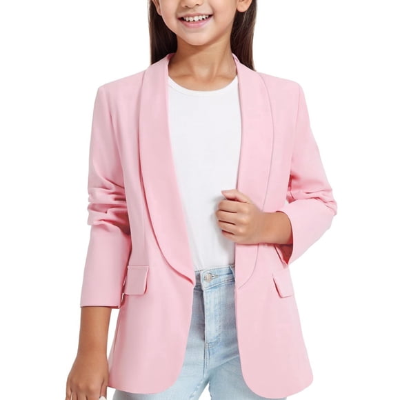 Elegant Girls Long Sleeve Shawl Collar Formal Suit with Inner Pocket Open Front Design for Kids Stylish Occasions