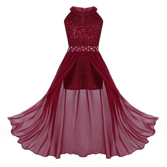 Xnihocha Big Girls Sparkly Rhinestone Romper Maxi Tailskirts Wedding Bridesmaid Flower Party Gown Burgundy 14