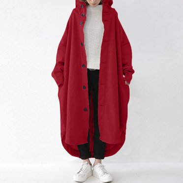 EGNMCR Womens Plaid Shacket Jacket, Long Sleeve Button Down Fleece Hooded Jackets, Warm Coat Women's Solid Color Hoodie Buttons Long Sleeve Sweatshirts Long Loose Coat Tops With Pockets Women Coat
