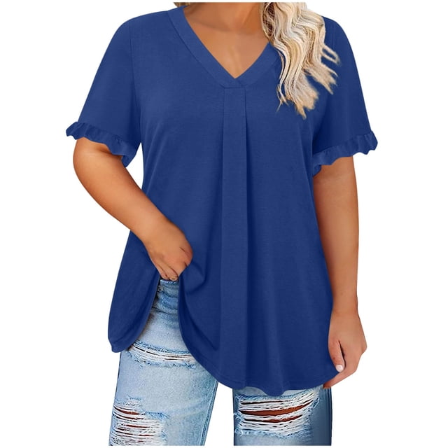 Chbgutlmr Womens Shirts Plus Size V Neck Ruffle Short Sleeve Ruched Blouse Loose Comfy Summer Casual Tops