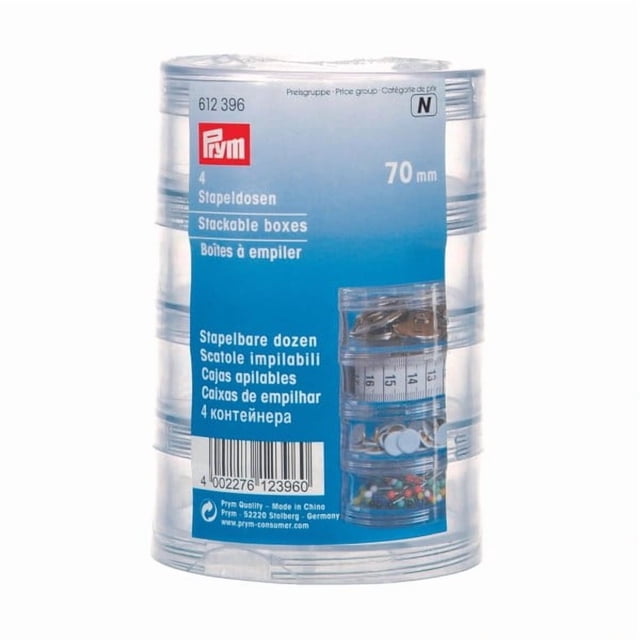 PRYM Stackable Storage Box Craft Storage Container, 70MM, set of four transparent plastic stackable boxes with screw-lock lids for organizing small craft items like pins, buttons, and beads, shown stacked with clear visibility of contents, suitable for craft and hobby storage.
