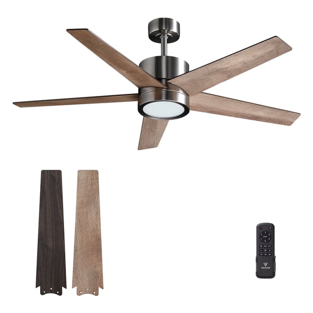 VAGIZM Ceiling Fan 52'' With Light featuring a modern design with 5 natural walnut wood blades and a brushed nickel metal bracket. Includes a remote control for 6 fan speeds, 3 sleep timer intervals, and 3 colour temperature settings. Equipped with a quiet reversible DC motor and light memory function. Suitable for indoor and outdoor use, such as patios, dining rooms, and living spaces. Comes with a 10-inch downrod and safety cable for easy installation.