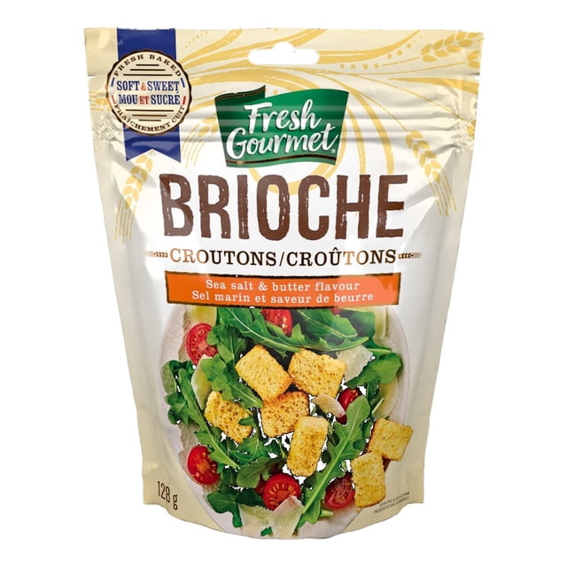 Fresh Gourmet Croûtons Brioches 128 g Saveur Sel de Mer et Beurre dans une Pochette beige Refermable Présentant des Morceaux de Pain Fraîchement Cuits de Format Bouchées sur une Salade avec des Tomates Cerises et des Verdures, Idéal comme Garniture Alimentaire de Garde-Manger pour Rehausser la Saveur et la texture.