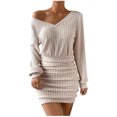 thumbnail image 1 of cfhntfmh Wedding Guest Dresses for Women Fashion Long Sleeve Ribbed Knit Mini Dress Soft V Neck Ruched Bodycon Dress, 1 of 7