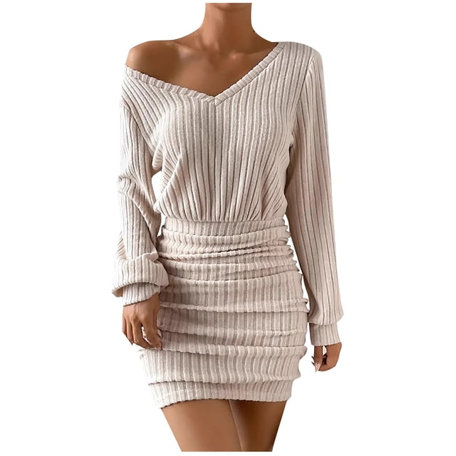 cfhntfmh Wedding Guest Dresses for Women Fashion Long Sleeve Ribbed Knit Mini Dress Soft V Neck Ruched Bodycon Dress