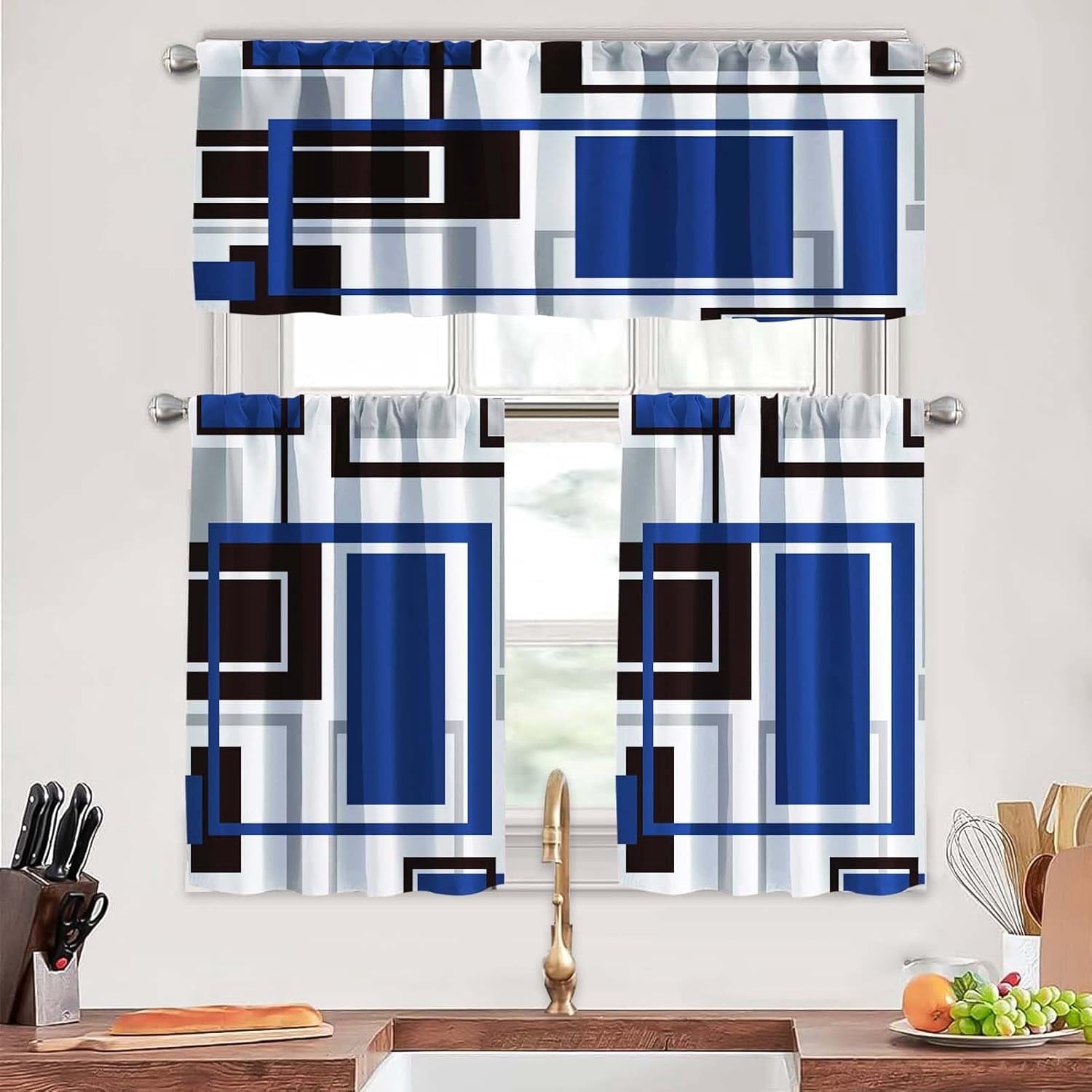 Navy Blue Kitchen Curtains Tiers and Valances Set 3 Piece for Windows Grey and Black Kitchen Window Curtains Set,Geometric Modern Art Valances for Living Room(36" Tiers Set)