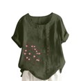 thumbnail image 1 of Pisexur Hauts pour Femmes Décontractés en Lin Col Rond Grande Taille Imprimé Manches Courtes T-shirt Blouse, Hauts d'Été pour Femmes Vert Armée, G, 1 of 2