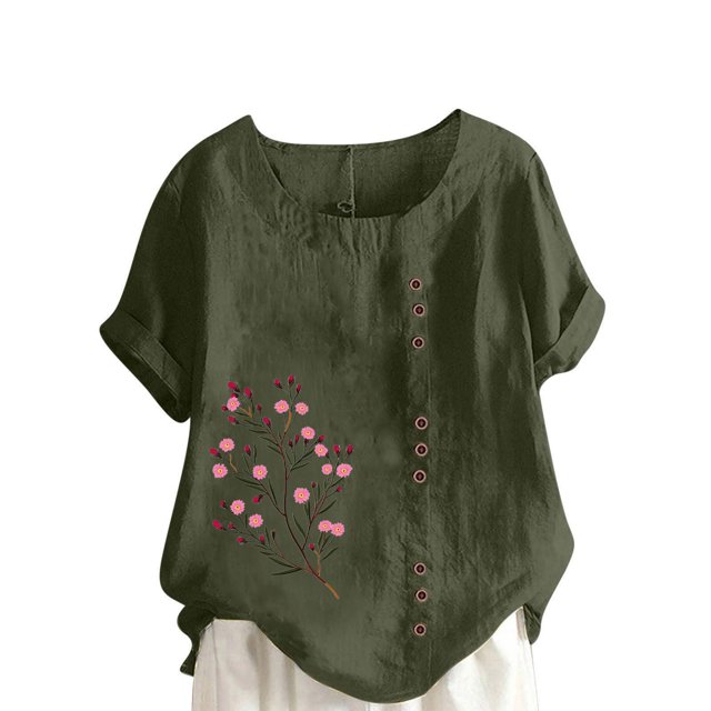 Pisexur Hauts pour Femmes Décontractés en Lin Col Rond Grande Taille Imprimé Manches Courtes T-shirt Blouse, Hauts d'Été pour Femmes Vert Armée, G