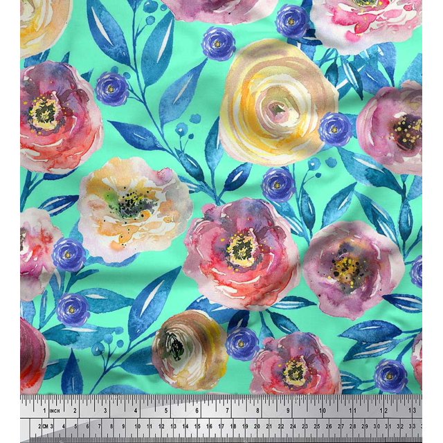 Soimoi Vert Coton Canard Tissu Feuilles & Rose Imprimé Floral 1 Yard 56 Inch Wide