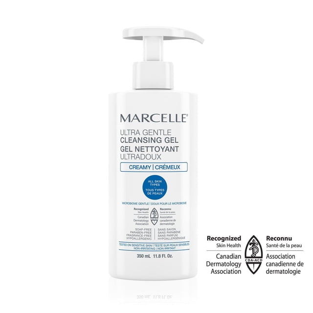 Marcelle Ultra Gentle Cleansing Gel Creamy with Aloe Vera in a white 350 ml pump bottle, a non-foaming facial cleanser for sensitive skin that is soap-free, paraben-free, fragrance-free, hypoallergenic, and recognized by the Canadian Dermatology Association, suitable for all skin types.
