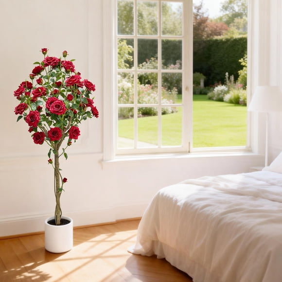 GOGRANT Artificial Rose Tree, 150cm Faux Flowering Plant in White Pot, Lifelike Silk Blooms & Foliage for Home, Garden, Living Room, Wedding Decor