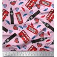 thumbnail image 1 of Soimoi Polyester Crepe Fabric Bus,Telephone Booth & London Clock Tower Architectural Print Fabric by The Yard 52 Inch Wide, 1 of 3