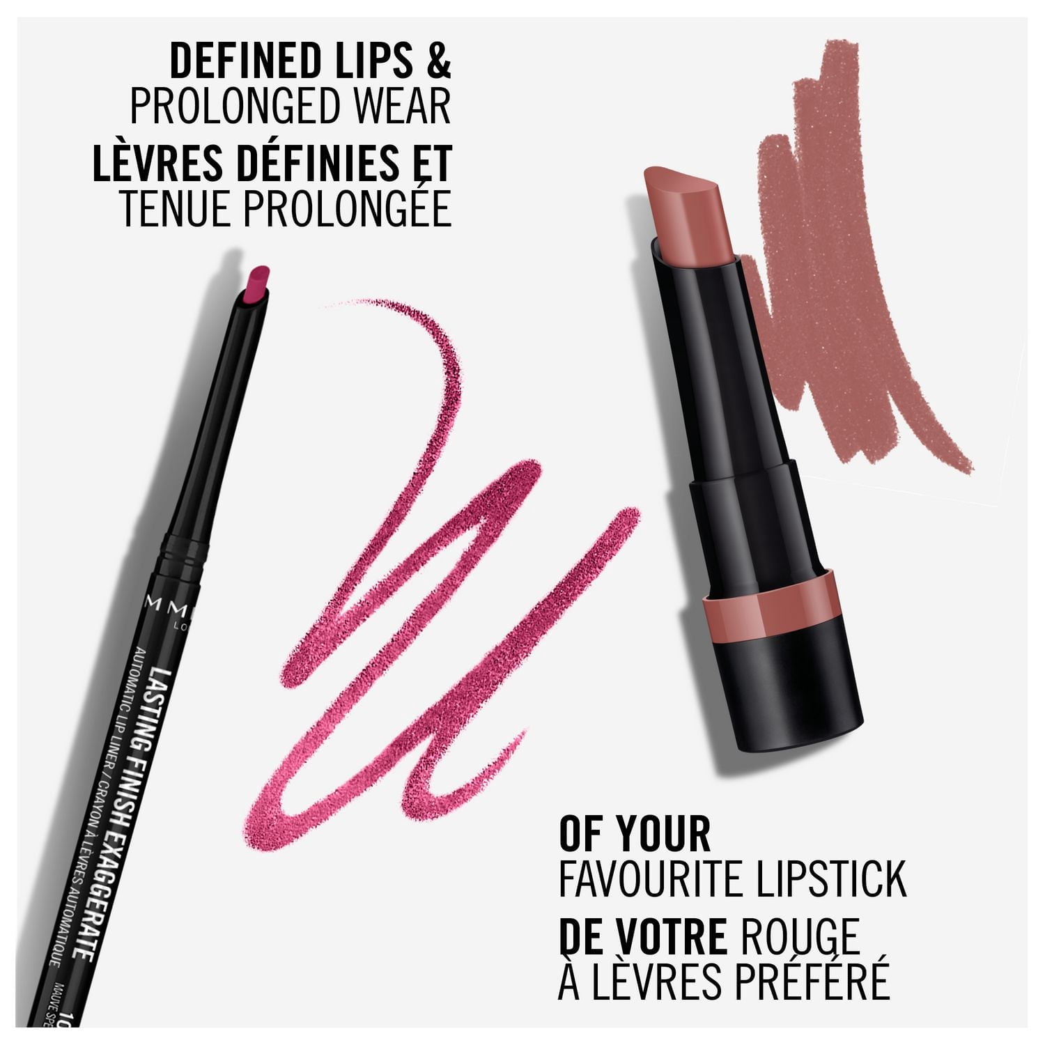 Rimmel Crayon à lèvres automatique Lasting Finish Exaggerate, crémeux, mélange de cire, silicone volatil et vitamines (E,C