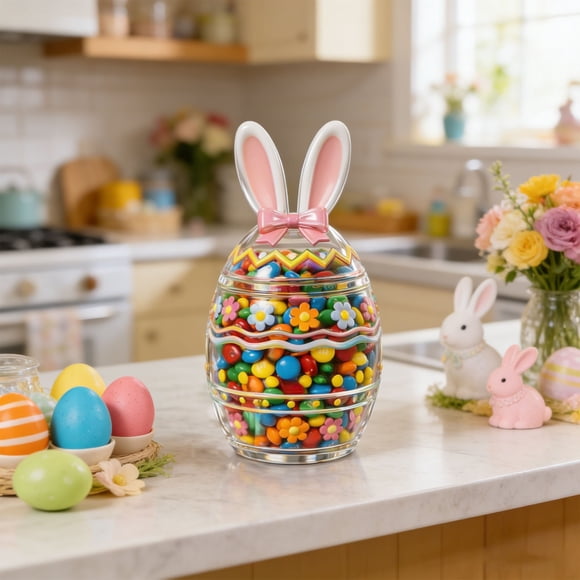 FEOLGEHLY Lapin de Pâques Oeufs Colorés Poussins Cadeau Pot à Bonbons, Pot de Rangement en Verre avec Couvercle pour Bonbons Friandises, Boîte-Cadeau Contenant en Verre Oeuf de Pâques pour Souvenirs de Fête des Fêtes Déco Maison, 1000g, Rose