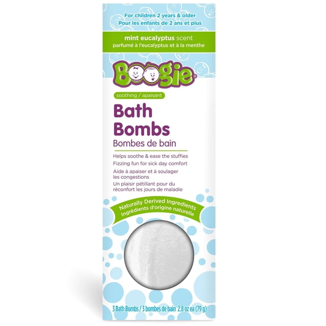 Boogie Baby Bath Bombs 79g package with mint eucalyptus scent for children 2 years and older, featuring soothing bath bombs made with naturally derived ingredients. The box has a blue bubble pattern and a circular window displaying a white bath bomb inside.