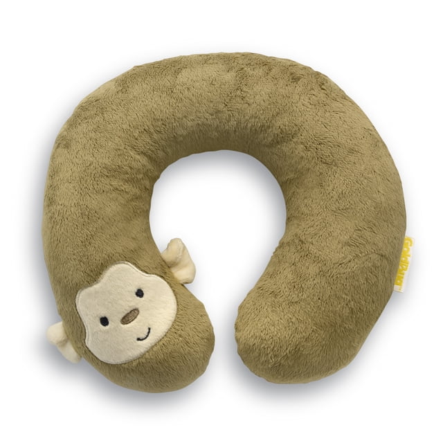 Goldbug Travel Pillow for toddlers, a U-shaped plush baby pillow in brown with a soft bear face applique, providing ergonomic head and neck support for stroller or car travel, lightweight and easy to carry.