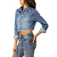 thumbnail image 4 of INSPIRE CHIC Women's Frayed Hem Button up Long Sleeve Washed Cropped Denim Jacket, 4 of 6