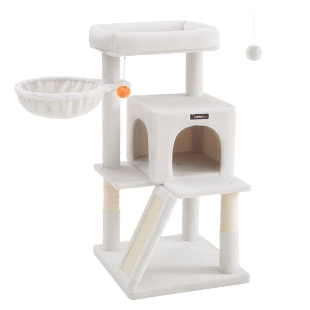 Feandrea Cat Tree, Small Cat Tower with Widened Perch for Large Cats Indoor, Kittens, 37.8-inch Multi-Level Cat Condo in cream white plush. Features a widened top perch, 2-door cat cave, fluffy basket, scratching posts, ramp, and pompom toy. Made of particleboard, plush, and sisal for stability and comfort. Suitable for larger cats, kittens, and elderly cats. Perfect cat furniture for indoor use and a fun cat activity center.