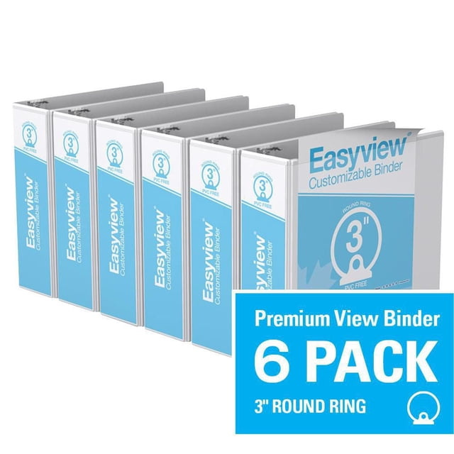 Davis Group Easyview Premium Round Ring Customizable View Binder 6 Pack 3 inch with six white binders featuring clear overlay covers on front, spine, and back, PVC free polypropylene material, 3 inch round rings for flat page viewing, ideal for office and school documents.